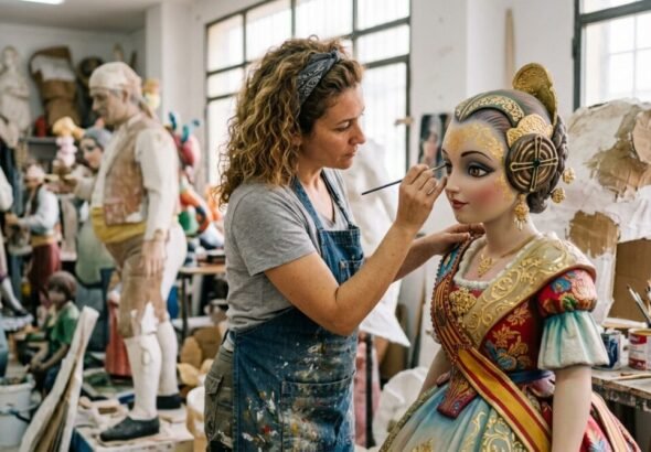 Artista fallero trabajando en un taller de Valencia con una escultura gigante.