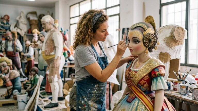 Artista fallero trabajando en un taller de Valencia con una escultura gigante.