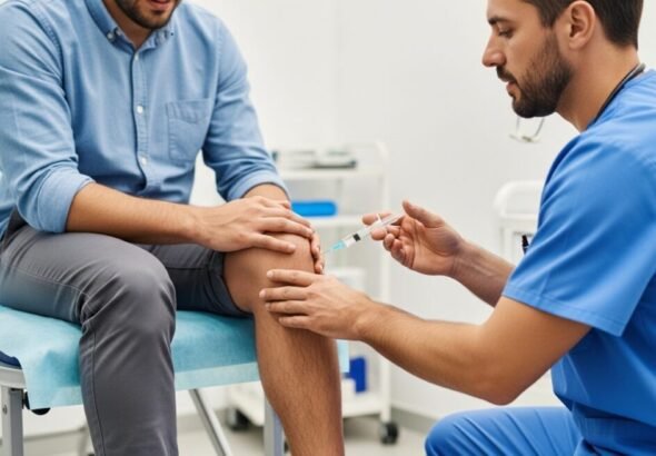 Imagen de un médico atendiendo a un paciente con artrosis en la rodilla.