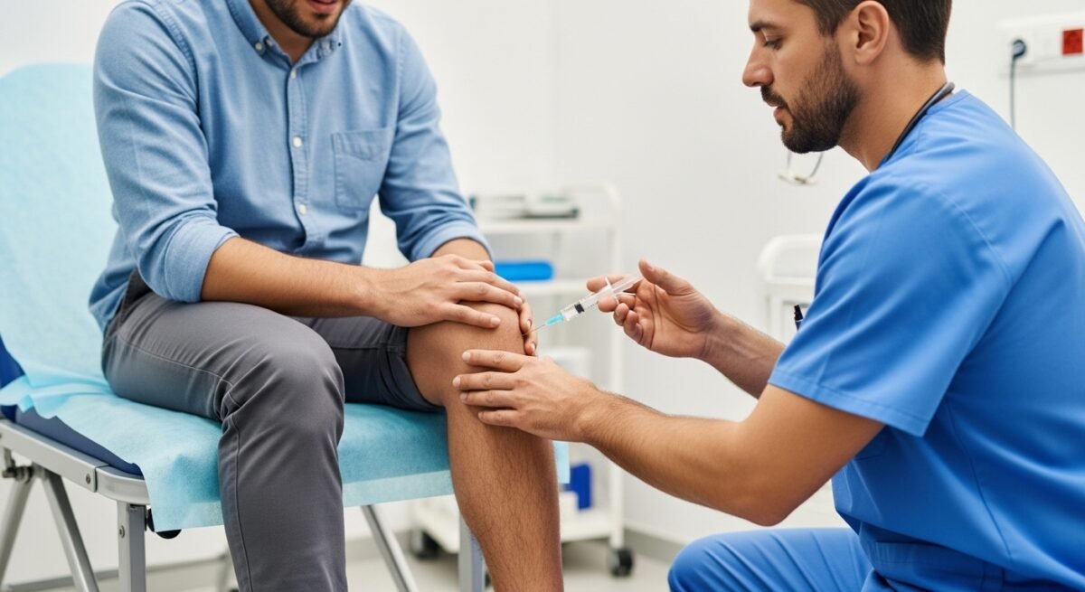 Imagen de un médico atendiendo a un paciente con artrosis en la rodilla.