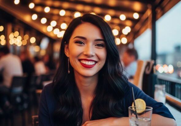 Una chica en un restaurante con los labios pintados con el bálsamo labial Blush Balm Lip Tint. Recreación artística digital.