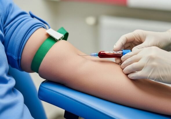 Tubo de ensayo con sangre y muestra de tejido de colon en laboratorio médico.