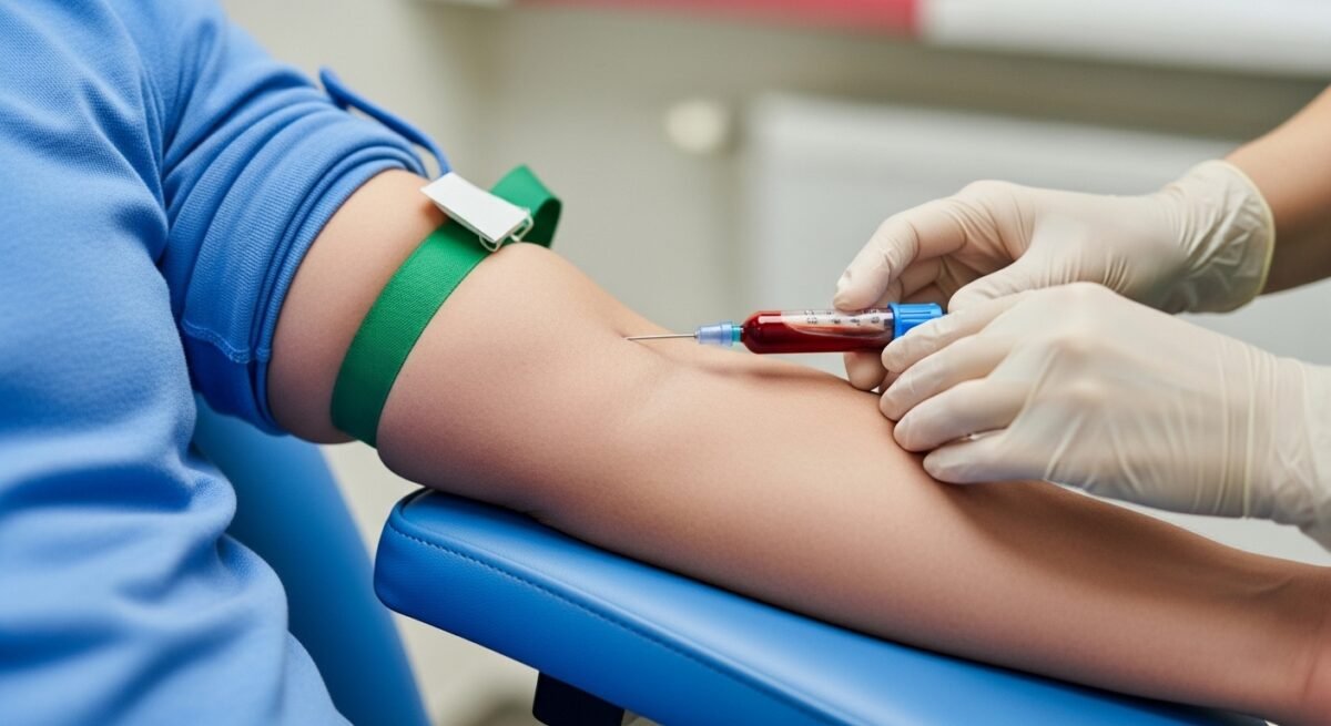 Tubo de ensayo con sangre y muestra de tejido de colon en laboratorio médico.