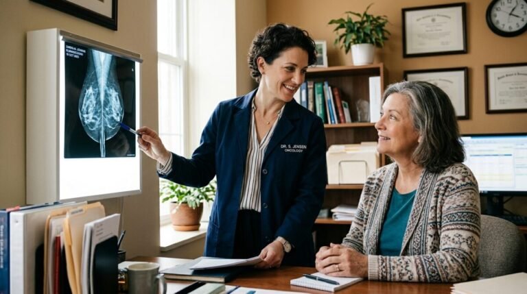 Cáncer de mama: un cambio en la clasificación de la metástasis podría salvar miles de vidas Oncóloga explicando opciones de tratamiento a una paciente con cáncer de mama.