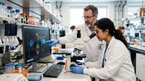 Dos científicos, una mujer mirando por un microscopio y un hombre señalando una pantalla de ordenador con datos celulares, colaborando en un laboratorio de biología molecular moderno.