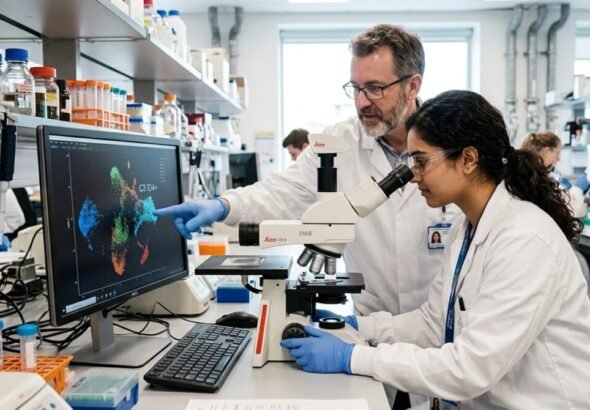 Dos científicos, una mujer mirando por un microscopio y un hombre señalando una pantalla de ordenador con datos celulares, colaborando en un laboratorio de biología molecular moderno.