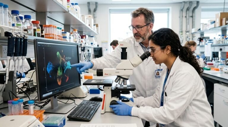 Descubren el 'motor' oculto del melanoma: un hallazgo clave para frenar la metástasis Dos científicos, una mujer mirando por un microscopio y un hombre señalando una pantalla de ordenador con datos celulares, colaborando en un laboratorio de biología molecular moderno.