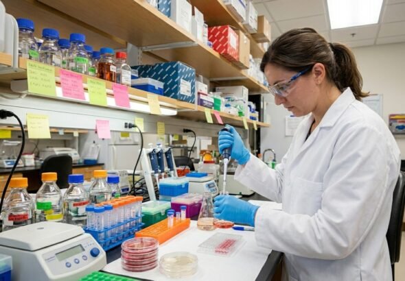 Una científica trabajando en un laboratorio, estudiando sobre el alzhéimer