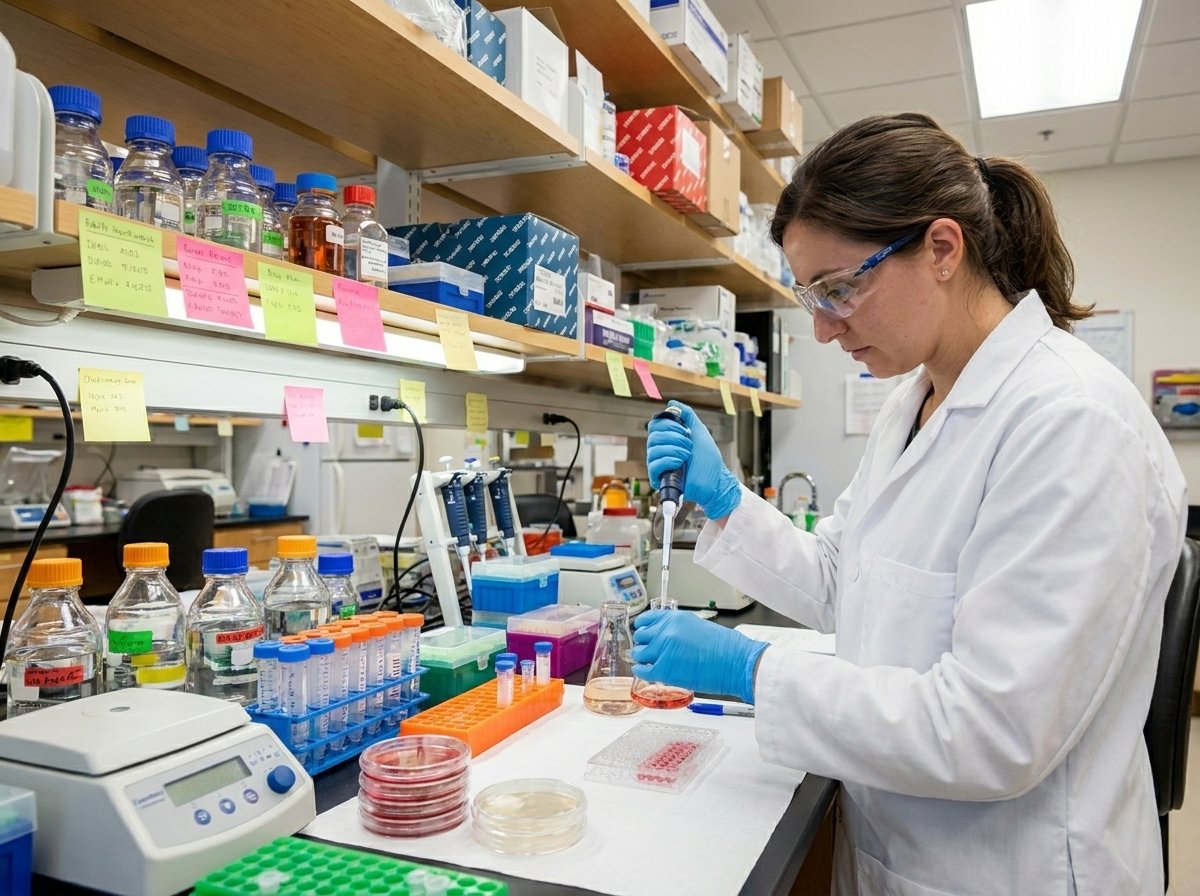 Una científica trabajando en un laboratorio, estudiando sobre el alzhéimer