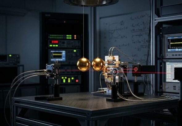 Imagne que muestra un laboratorio de científicos recreado digitalmente donde miden la constante de gravedad