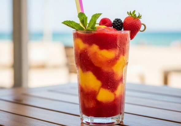 Diferentes formas de consumo de fruta incluyendo un vaso con batido de fruta.