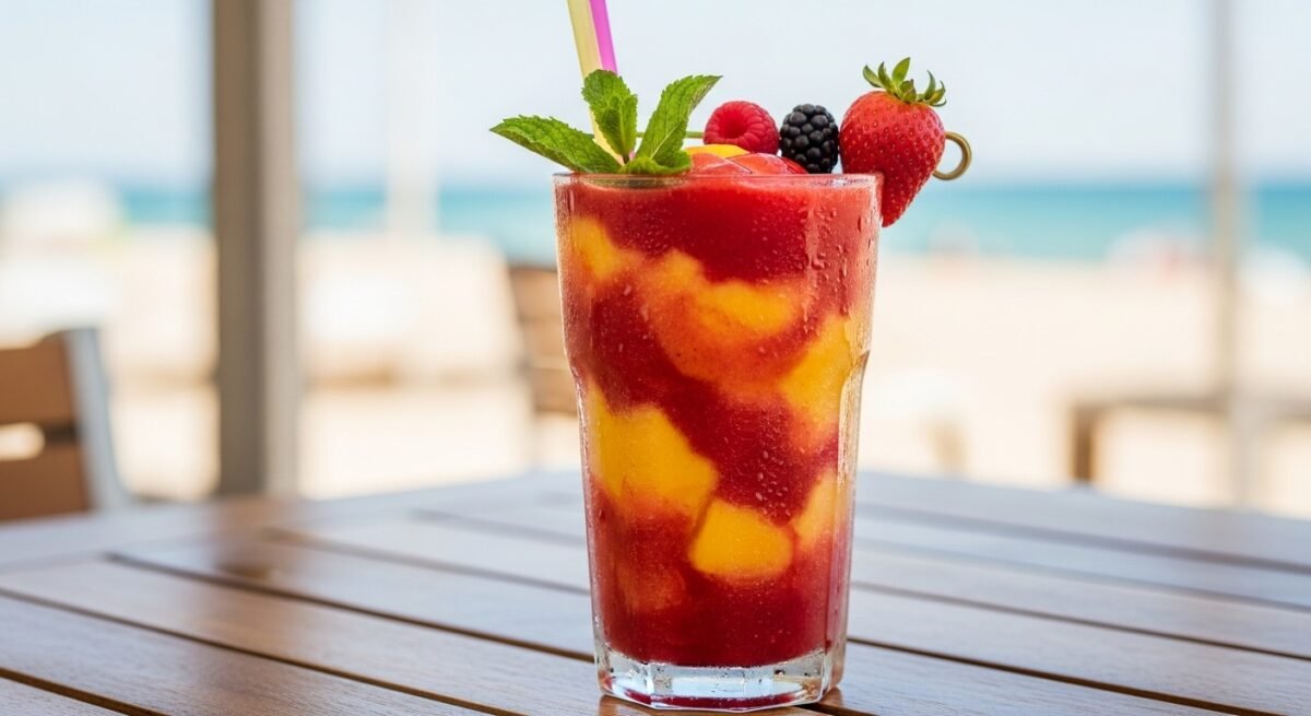 Diferentes formas de consumo de fruta incluyendo un vaso con batido de fruta.
