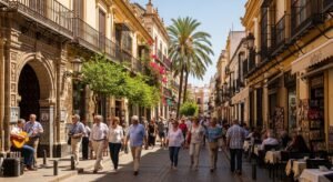 Recreación digital de una calle con personas paseando sobre las cotizaciones sociales de febrero de 2026.