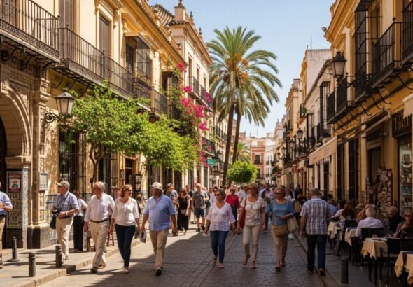 Recreación digital de una calle con personas paseando sobre las cotizaciones sociales de febrero de 2026.