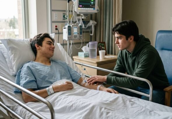 Dos hermanos en el hospital tras la visita de uno de ellos después de un trasplante de células madre y la remisión del VIH