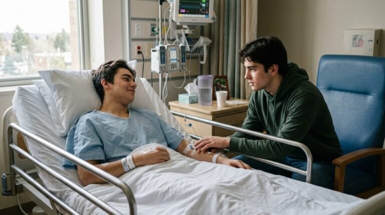 Dos hermanos en el hospital tras la visita de uno de ellos después de un trasplante de células madre y la remisión del VIH