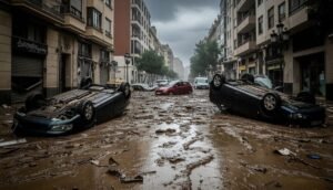 Recreación digital de una calle tras la dana de valencia.