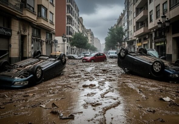 Recreación digital de una calle tras la dana de valencia.