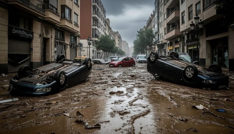 València y París se unen para mejorar la gestión de inundaciones tras la dana Recreación digital de una calle tras la dana de valencia.