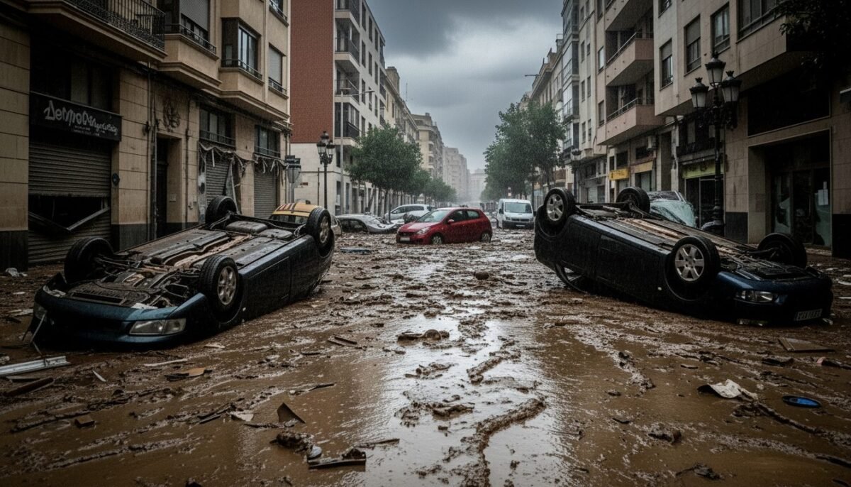 València y París se unen para mejorar la gestión de inundaciones tras la dana Recreación digital de una calle tras la dana de valencia.
