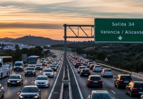 Vista de una autopista con tráfico fluido y paneles informativos sobre los desplazamientos de Semana Santa..