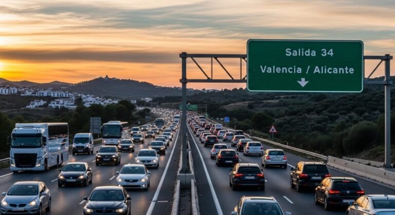 La DGT avisa: estos serán los días con más tráfico en Semana Santa Vista de una autopista con tráfico fluido y paneles informativos sobre los desplazamientos de Semana Santa..