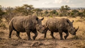 Imagen digital de dos rinocerontes para ilustrar que los neandertales de España y Francia usarion dientes de rinoceronte como martillos y yunques.