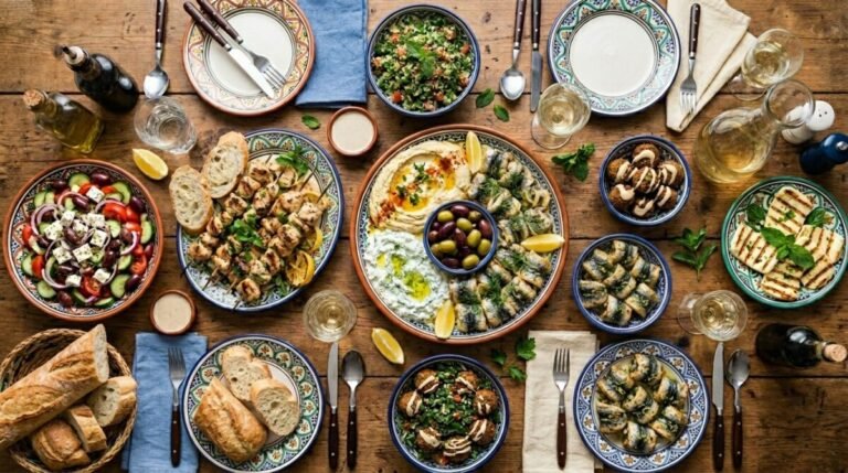 Imagen que muestra una mesa con platos de comida de dieta mediterránea con pollo, pescado, verduras, ensalada, pan, aceite de oliva