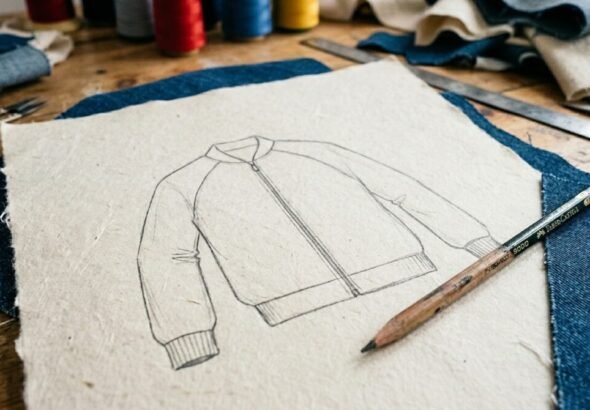 Imagen que muestra el diseño de una chaqueta vaquera con cremallera de estilo sudadera.