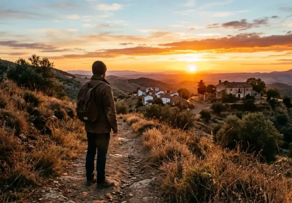Persona observando el atardecer en el campo para ensayar la posición del Sol para el eclipse de 2026.