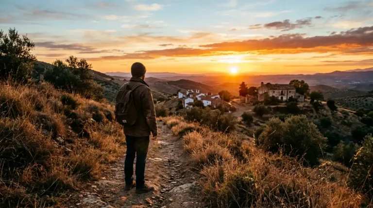 Persona observando el atardecer en el campo para ensayar la posición del Sol para el eclipse de 2026.