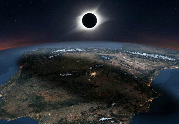 Ilustración de la progresión de los eclipses solares sobre un mapa.