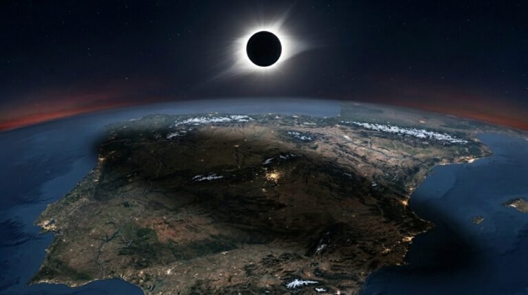 Ilustración de la progresión de los eclipses solares sobre un mapa.
