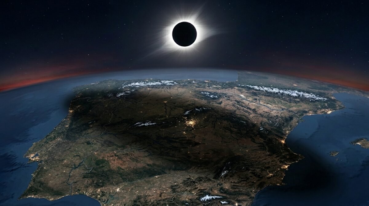 Ilustración de la progresión de los eclipses solares sobre un mapa.