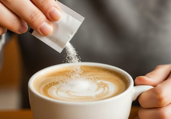 Imagen de una persona añadiendo edulcorantes artificiales a su café con leche.