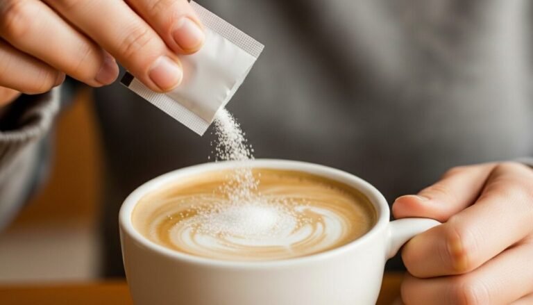 Imagen de una persona añadiendo edulcorantes artificiales a su café con leche.