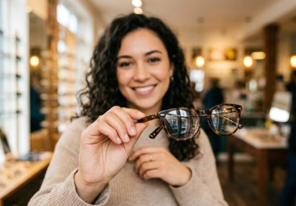 Una persona con miopía está mostrando sus lentes.