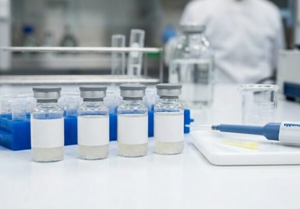 Glóbulos homeopáticos en envases de vidrio analizados para determinar la eficacia de la homeopatía.