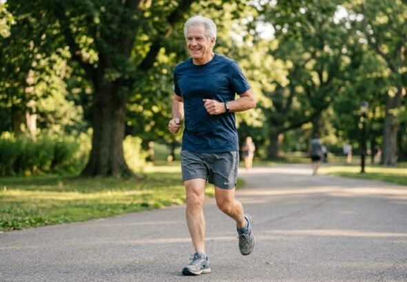 Un señor mayor haciendo ejercicio en un parque tras sufrir un infarto.