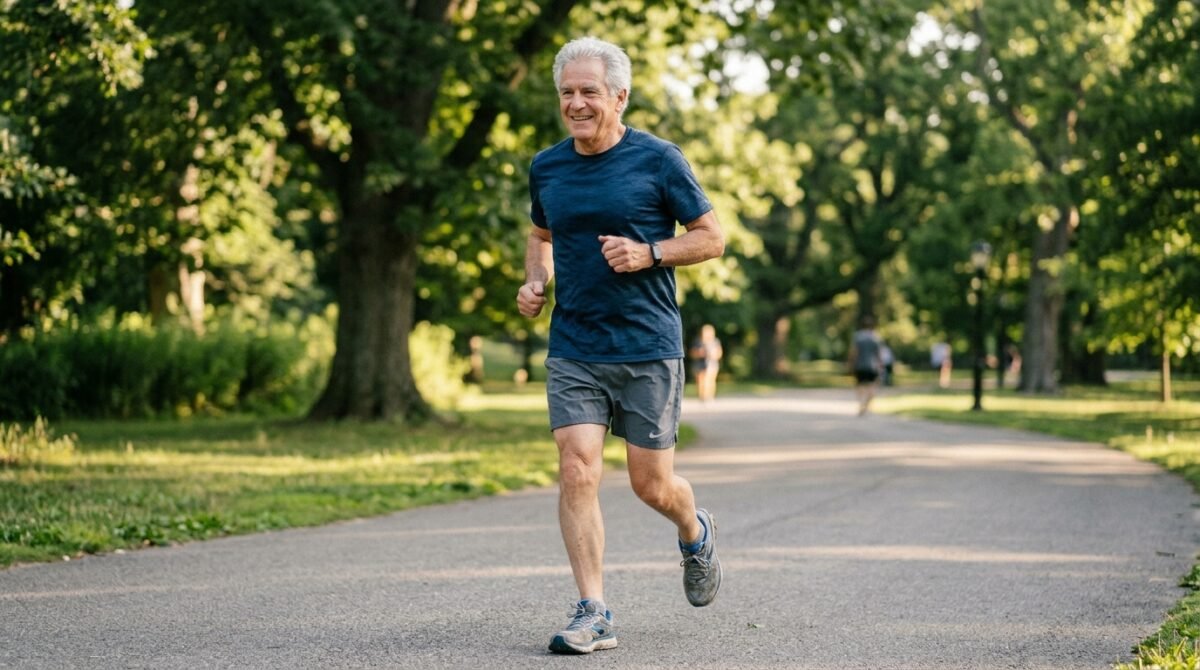 Un señor mayor haciendo ejercicio en un parque tras sufrir un infarto.