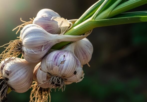 Una rama natural de ajos blancos para secarlos y hacer ajo negro.