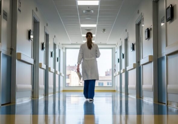 Una enfermera andando por el pasillo de un hospital con bournout.