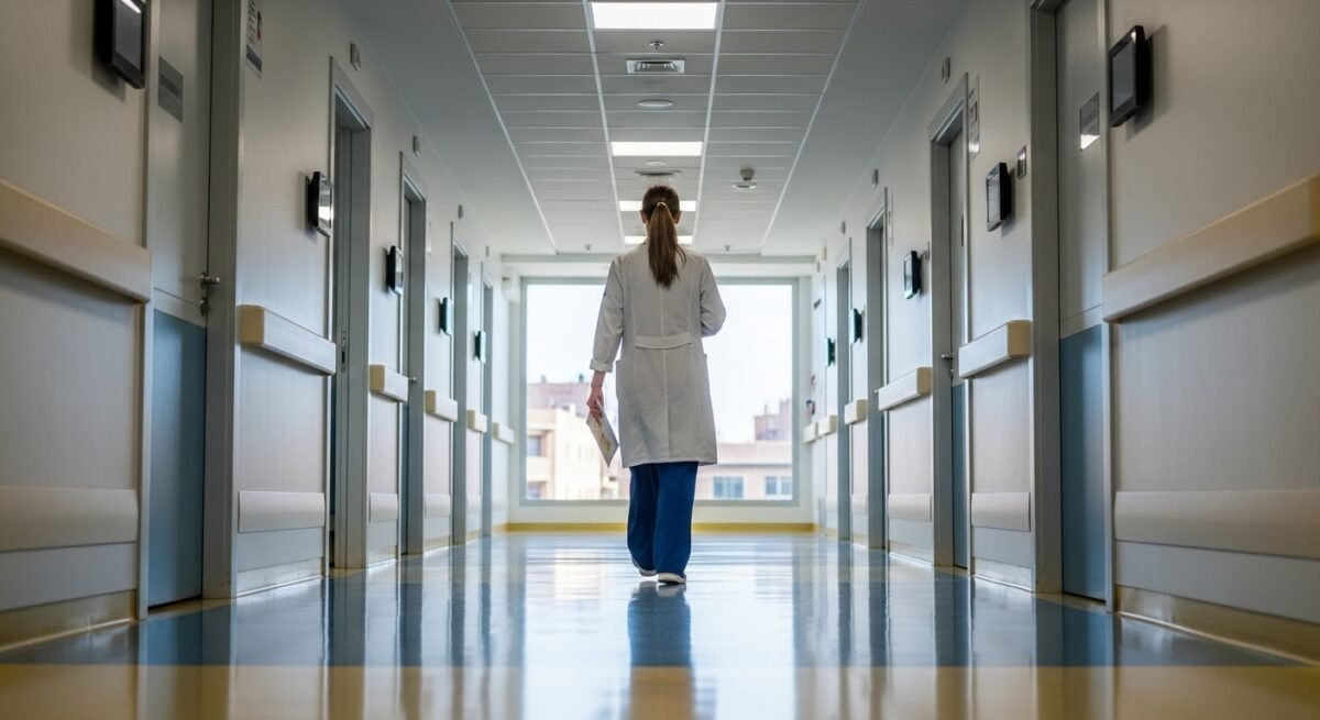 Una enfermera andando por el pasillo de un hospital con bournout.