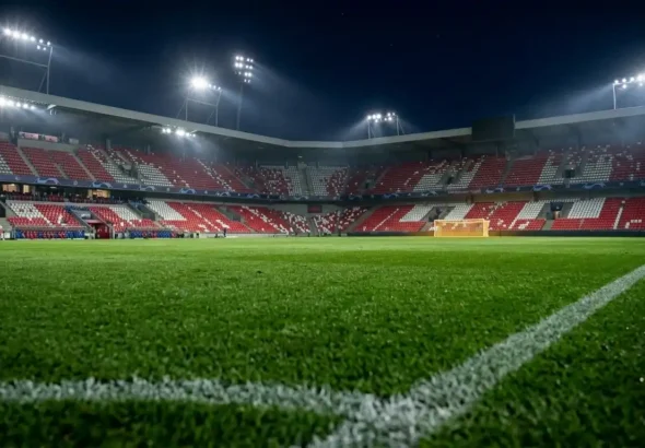 Imagen de recreación digital de un campo de fútbol sobre el partido esta noche del Atlético de Madird y el Arsenal