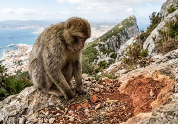 Macaco de Gibraltar practicando la geofagia al ingerir tierra arcillosa.