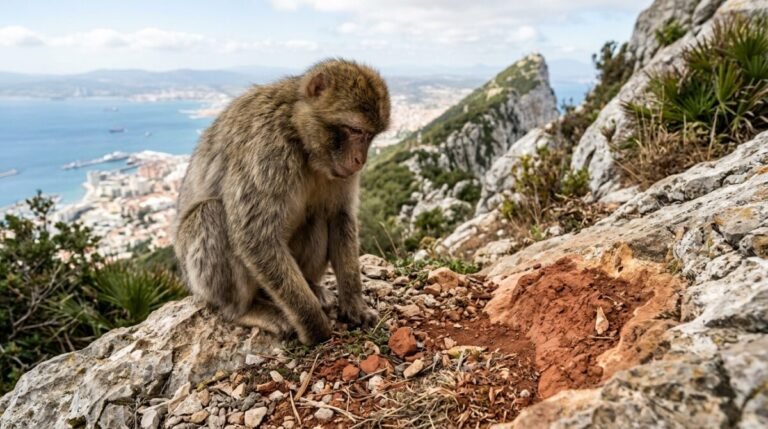 Macaco de Gibraltar practicando la geofagia al ingerir tierra arcillosa.