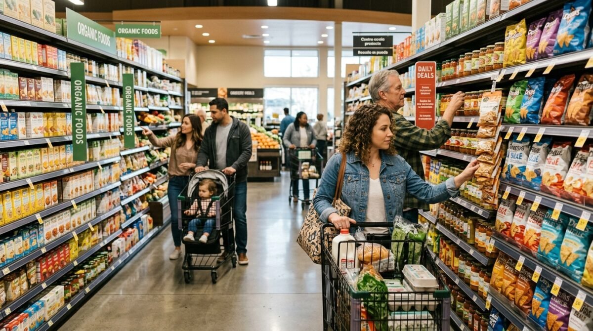 La inflación baja al 3,2% en abril pese a la presión de la guerra Imagen que muestra a personas haciendo la compra en abril con la bajada de la inflación