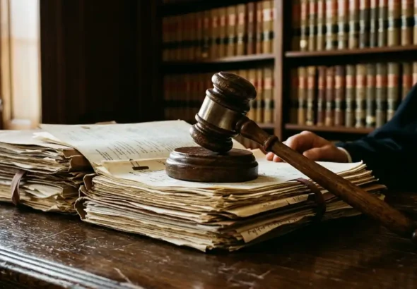 Mazo de juez sobre una pila de expedientes judiciales en un despacho