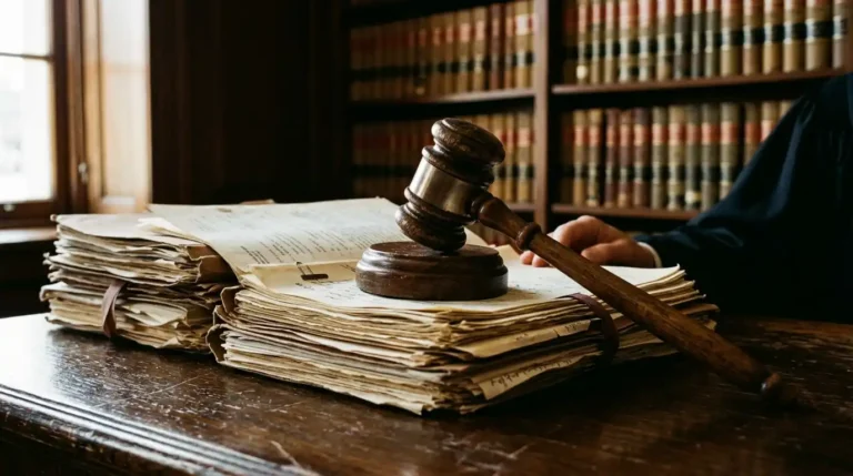 Mazo de juez sobre una pila de expedientes judiciales en un despacho