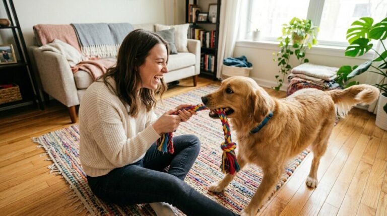 ¿Por qué jugar con tu perro une más que enseñarle a dar la pata? Persona y perro realizando un juego interactivo de tirar de la cuerda en casa.